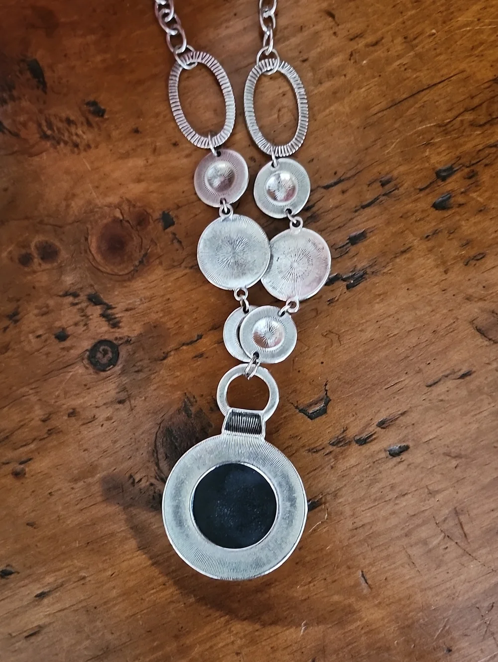 Silver-Tone Black Circular Pendant Necklace